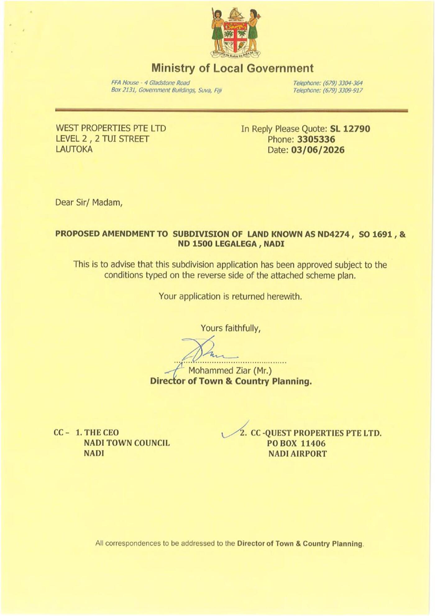 Official subdivision approval document